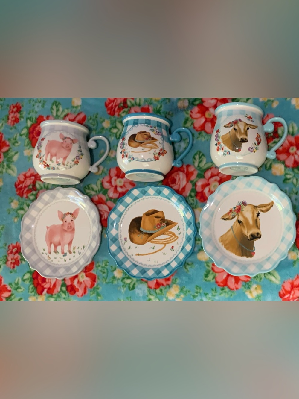 The Pioneer Woman Mug & Appetizer Plate Sets Cow Pig & Cowgirl Hat